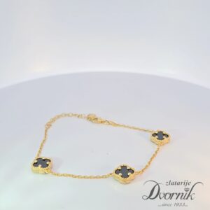 Srebrena narukvica na djetelinu - 18kt pozlata s onixom.